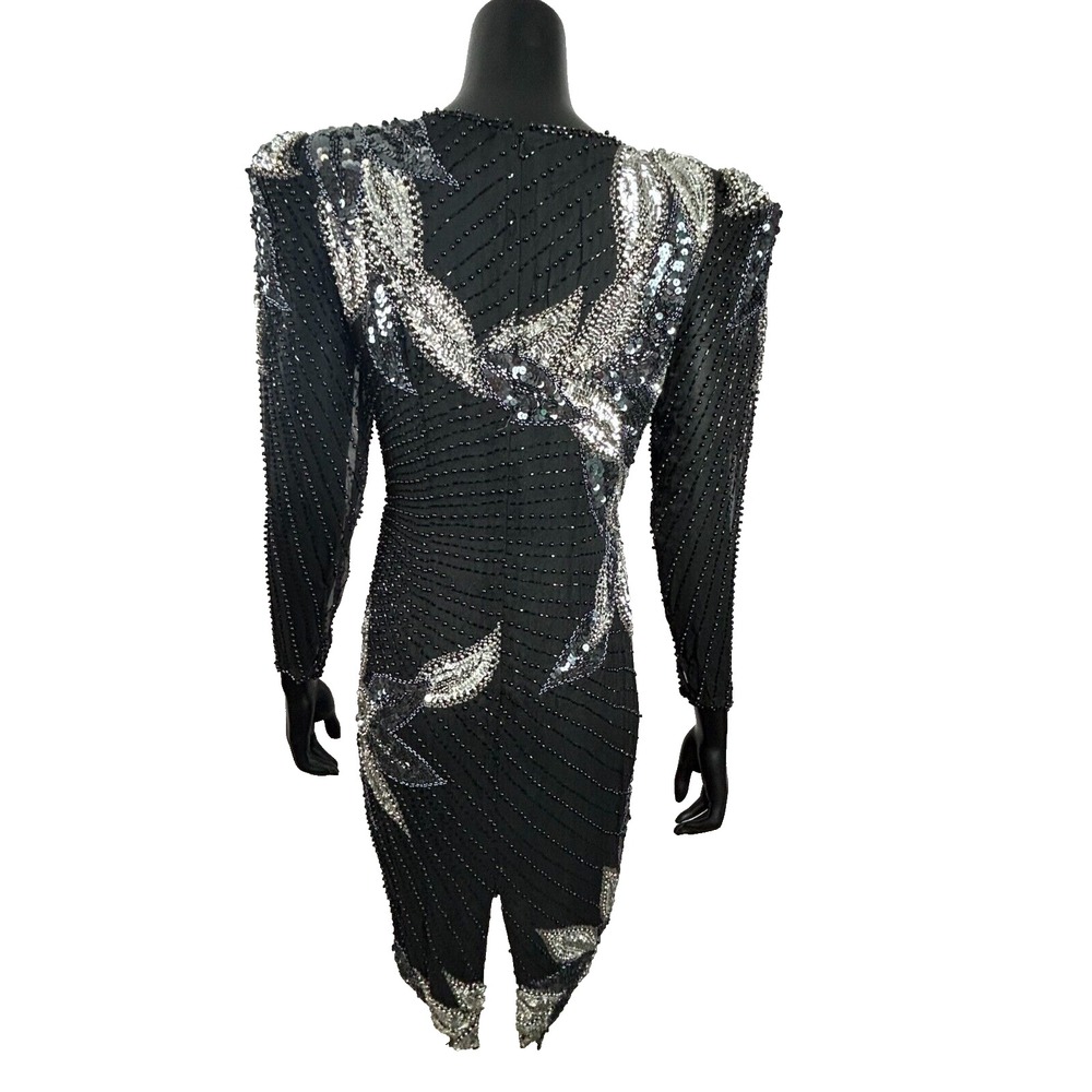 A.J. BARI Silk Beaded Sequins‎ Long Sleeve Fashion Dress Black Women's 6 Flaws - Picture 5 of 10